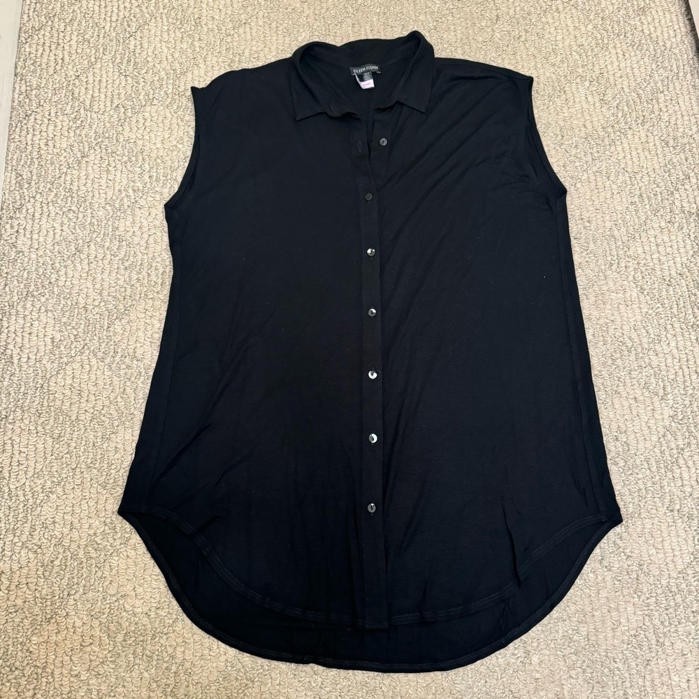 Eileen Fisher Tunic Button Shirt Sleeveless Black Luxury Minimalist Medium Black